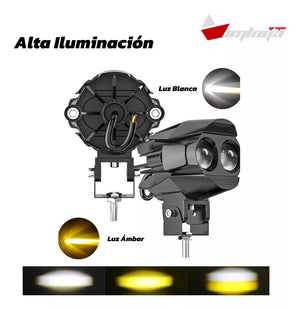 Faro auxiliar 2 led con lupa luz blanca y luz ámbar 12-24v